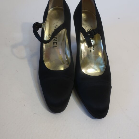 Womens Chanel Black Satin Mini Platform Mary Jane Heels 37.5 US/7 - Picture 5 of 15